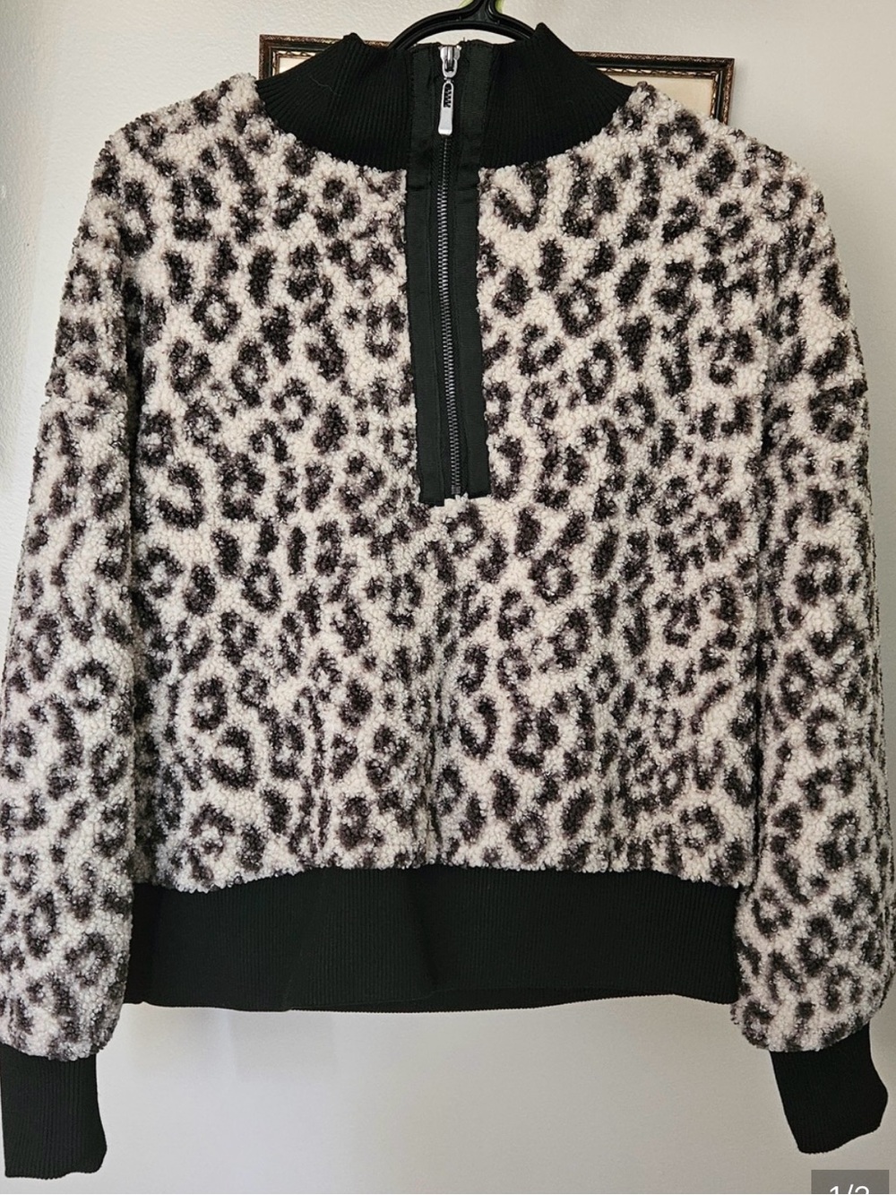 Cable & Gauge Leopard Half-Zip Teddy Jacket - Black & Cream - Picture 2 of 2